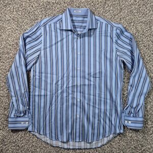 Bugatchi Uomo Mens Large Blue Striped Shaped Fit Button Up Long Sleeve Shirt